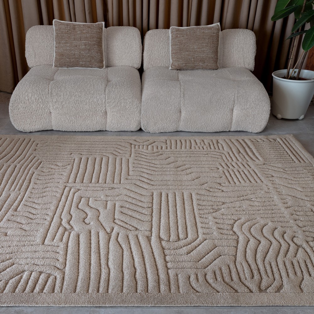 Valley Route Geometric 3D Rug in Natural Beige